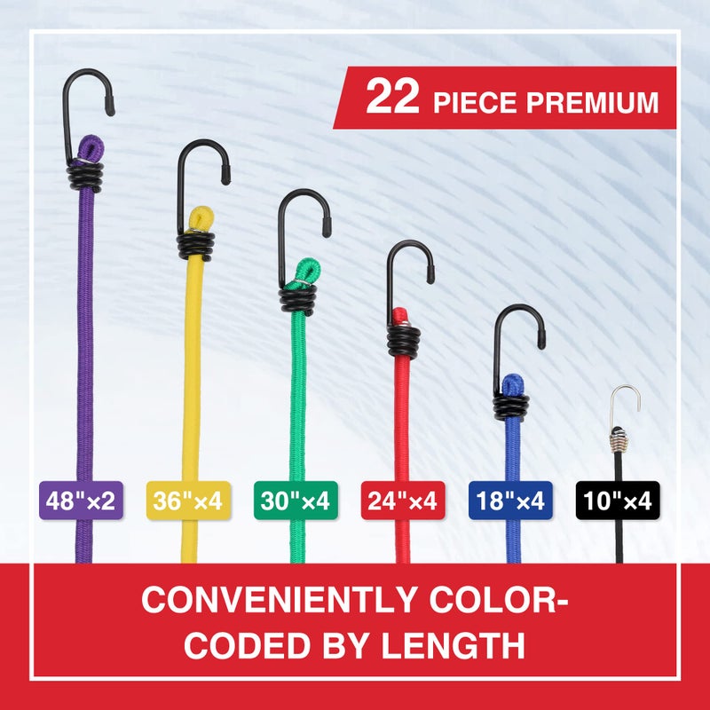 ووركبرو حبال مطاطية شديدة التحمل من WORKPRO للاستخدام الخارجي - 22 قطعة من الحبال المطاطية مع خطافات في علبة تخزين، تتضمن أطوالًا مختلفة: 10 بوصات، 18 بوصة، 24 بوصة، 30 بوصة، 36 بوصة، 48 بوصة، مع خطافات معدنية. - Image 2